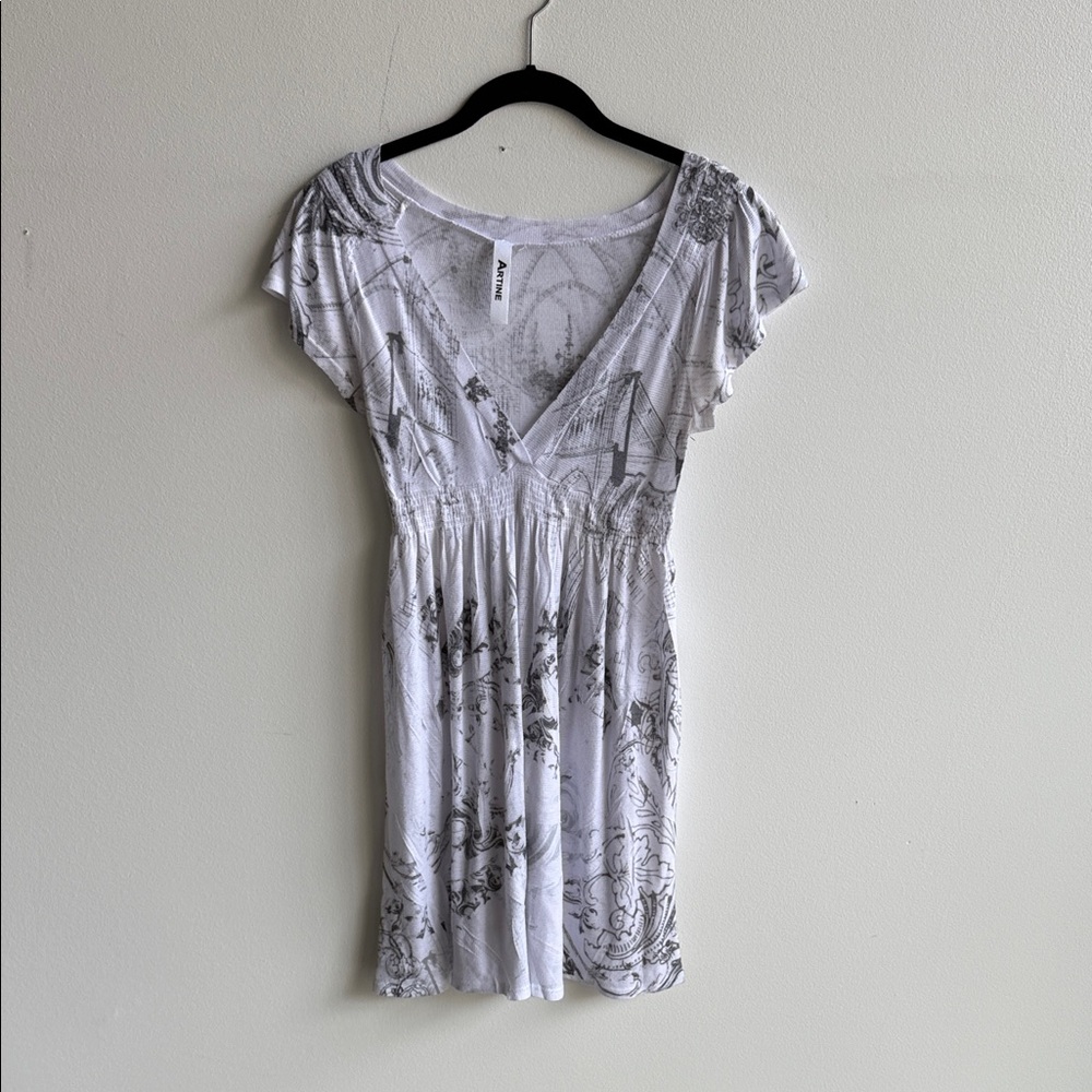 White V-Neck Short Sleeve Dress with Gray Scroll Print